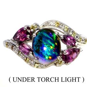 Natural Gemstone Ring Black Opal, Rhodolite Garnet, Sapphire 925 Silver Size 7